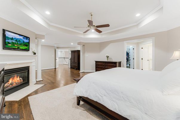 Bedroom, Fireplace, Interior, Recessed Lighting, Wood Texture Flooring