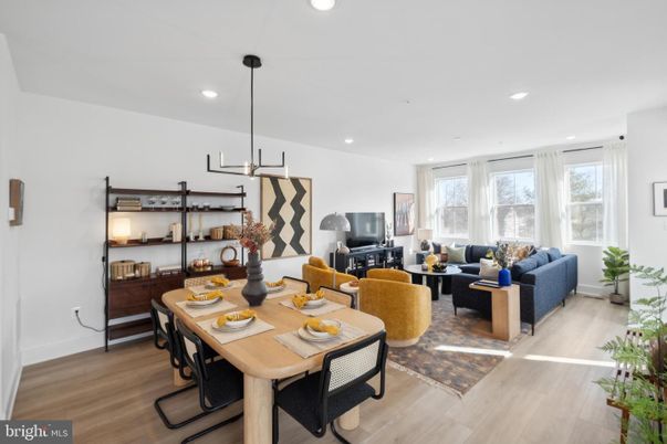 Dining room, Interior, Living room, Pendant Lights, Recessed Lighting, Wood Texture Flooring