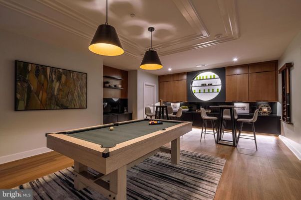 Billiard Table, Dining room, Game Room, Interior, Pendant Lights, Recessed Lighting, Wood Texture Flooring