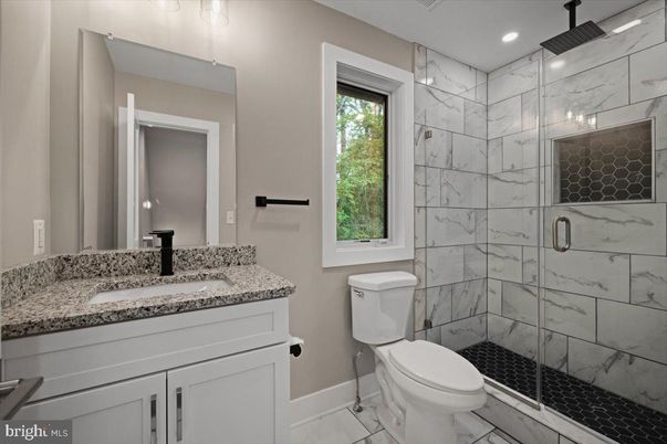 Bathroom, Glass Shower, Interior, Marble Walls, Recessed Lighting