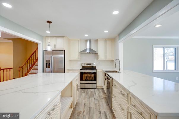 Interior, Kitchen, Pendant Lights, Recessed Lighting, Stainless Steel Appliances, Wood Texture Flooring