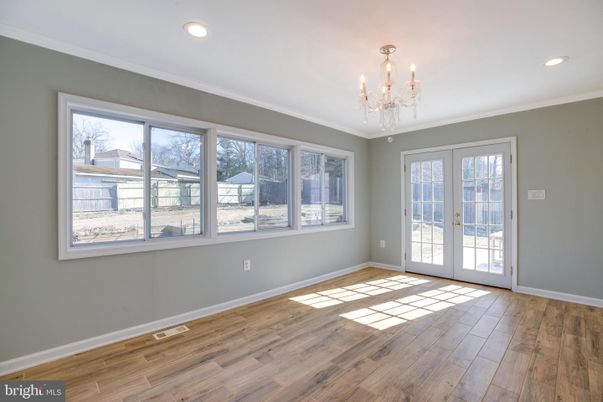 Chandelier, Empty room, Interior, Recessed Lighting, Wood Texture Flooring