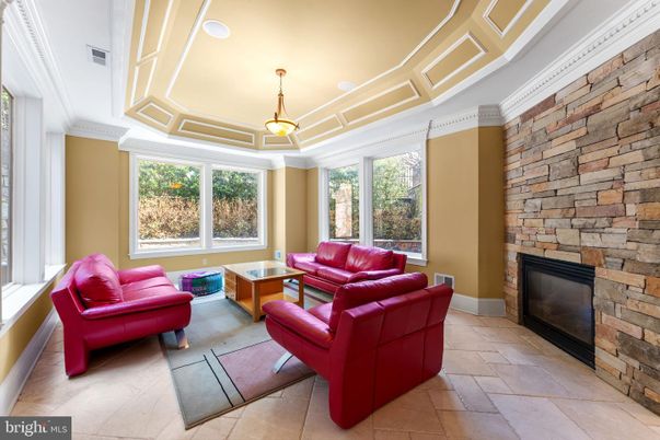 Fireplace, Interior, Living room, Pendant Lights, Recessed Lighting, Stone Walls