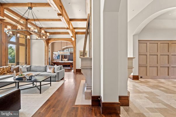 Chandelier, Interior, Living room, Pendant Lights, Recessed Lighting, Wooden Beams, Wood Texture Flooring