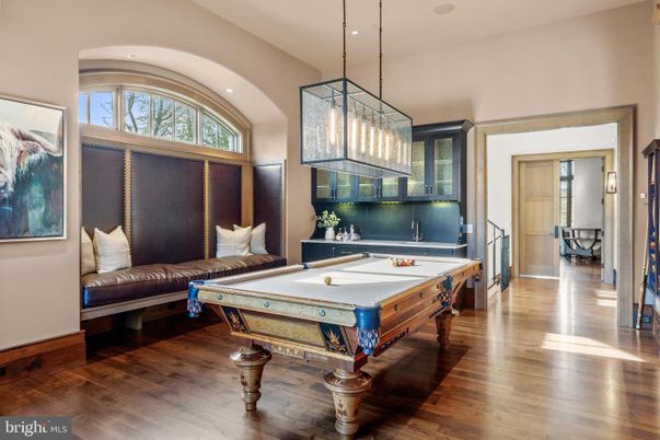 Billiard Table, Game Room, Interior, Pendant Lights, Recessed Lighting, Wood Texture Flooring