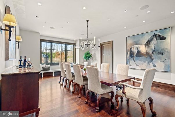 Chandelier, Dining room, Interior, Pendant Lights, Recessed Lighting, Wood Texture Flooring