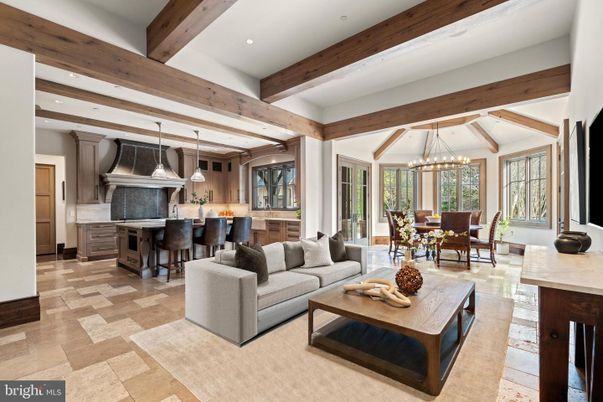 Chandelier, Dining room, Interior, Kitchen, Living room, Pendant Lights, Recessed Lighting, Stainless Steel Appliances, Wooden Beams