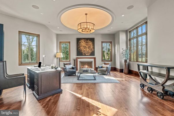 Chandelier, Fireplace, Home Office, Interior, Living room, Recessed Lighting, Wood Texture Flooring