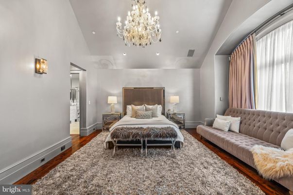 Bedroom, Chandelier, Interior, Recessed Lighting, Wood Texture Flooring