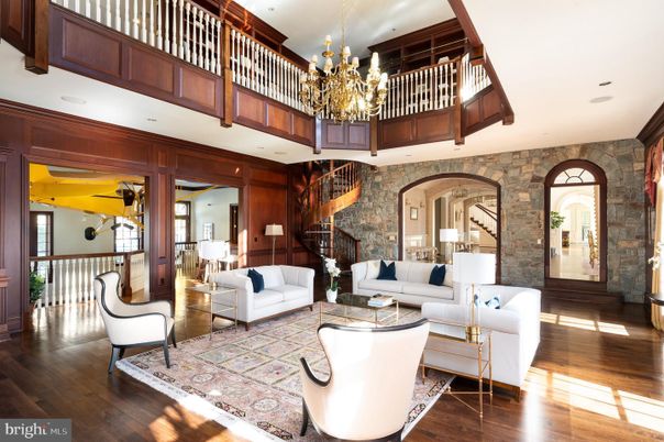 Chandelier, Interior, Living room, Recessed Lighting, Stone Walls, Wood Texture Flooring