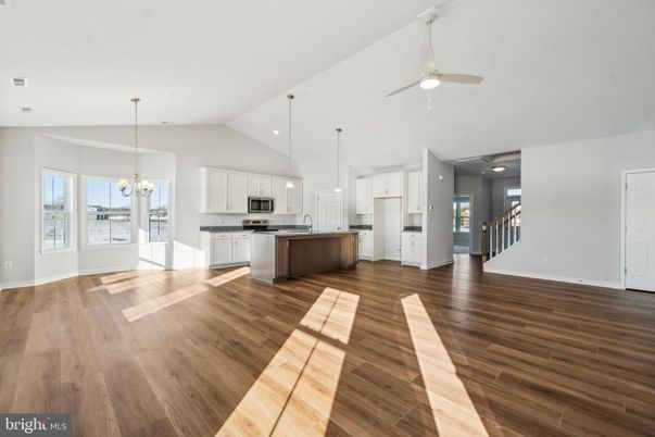 Chandelier, Empty room, Interior, Kitchen, Pendant Lights, Recessed Lighting, Wood Texture Flooring