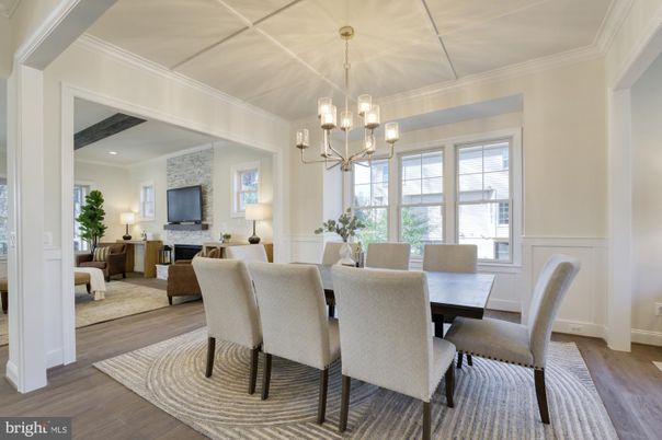 Dining room, Fireplace, Interior, Living room, Pendant Lights, Recessed Lighting, Wood Texture Flooring