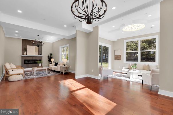 Chandelier, Fireplace, Interior, Living room, Recessed Lighting, Wood Texture Flooring