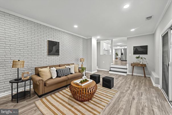 Interior, Living room, Recessed Lighting, Stone Walls, Wood Texture Flooring