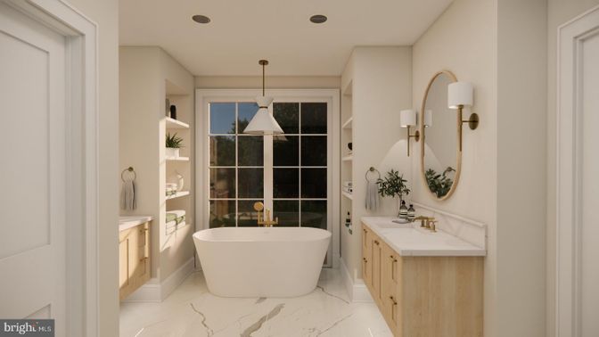 Bathroom, Dual Sink Vanities, Free Standing Baths, Interior, Marble, Pendant Lights, Recessed Lighting