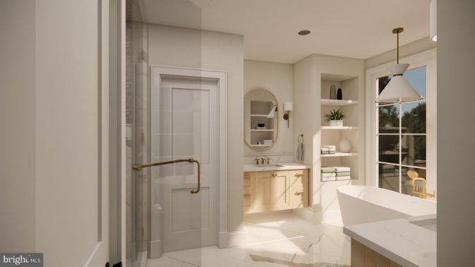 Bathroom, Dual Sink Vanities, Free Standing Baths, Glass Shower, Interior, Marble, Pendant Lights, Recessed Lighting
