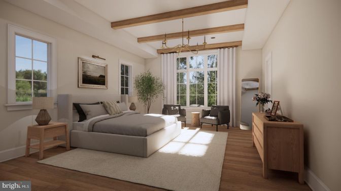 Bedroom, Interior, Pendant Lights, Wooden Beams, Wood Texture Flooring