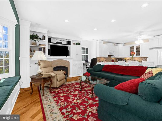 Fireplace, Interior, Kitchen, Living room, Recessed Lighting, Wood Texture Flooring