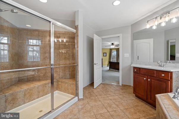 Bathroom, Dual Sink Vanities, Glass Shower, Interior, Recessed Lighting