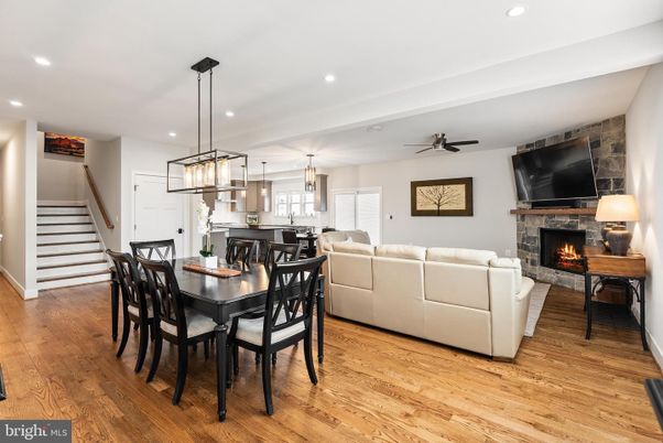 Dining room, Fireplace, Interior, Kitchen, Living room, Pendant Lights, Recessed Lighting, Wood Texture Flooring