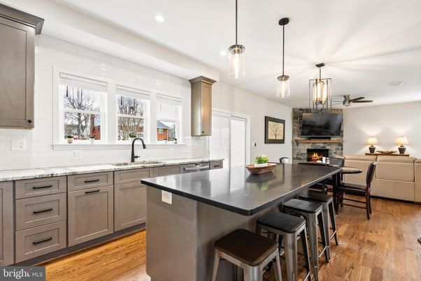 Fireplace, Interior, Kitchen, Living room, Pendant Lights, Recessed Lighting, Wood Texture Flooring