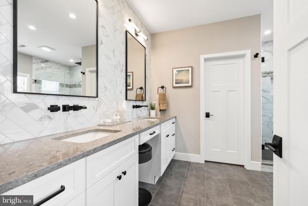 Bathroom, Dual Sink Vanities, Interior, Marble Walls, Recessed Lighting