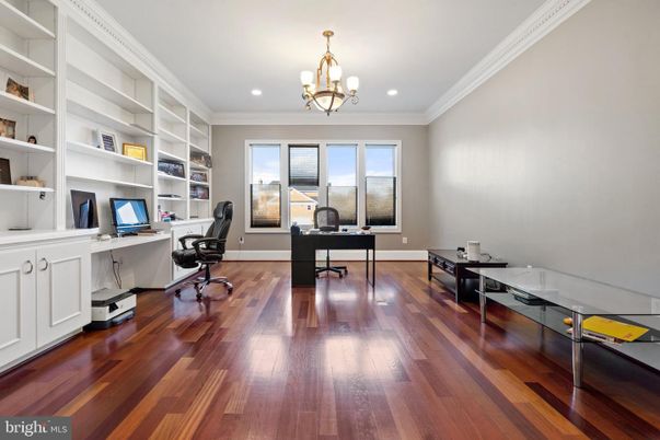 Chandelier, Home Office, Interior, Recessed Lighting, Wood Texture Flooring