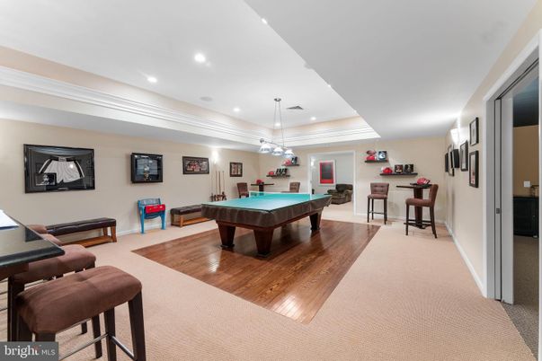 Billiard Table, Game Room, Interior, Pendant Lights, Recessed Lighting, Wood Texture Flooring