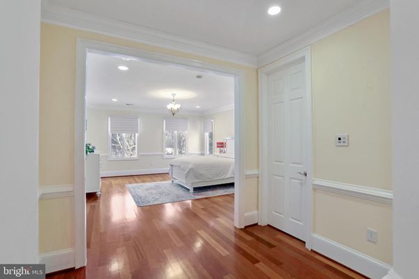 Bedroom, Chandelier, Interior, Recessed Lighting, Wood Texture Flooring