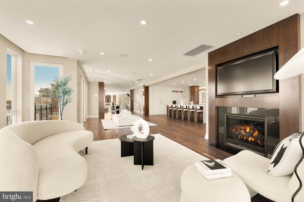 Dining room, Fireplace, Interior, Living room, Pendant Lights, Recessed Lighting, Wood Texture Flooring