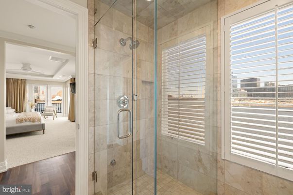 Bathroom, Glass Shower, Interior, Recessed Lighting, Wood Texture Flooring