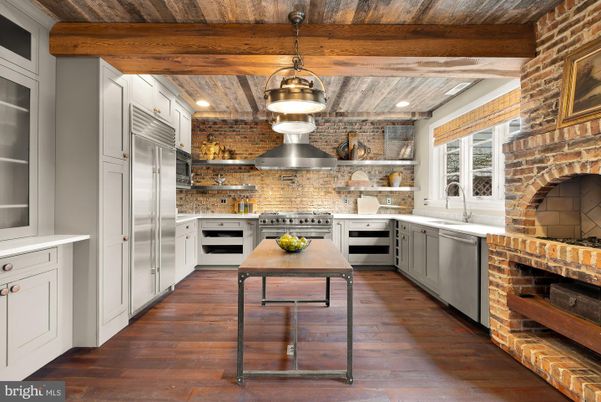 Interior, Kitchen, Pendant Lights, Stainless Steel Appliances, Stone Walls, Wooden Beams, Wooden Ceilings, Wood Texture Flooring