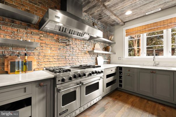 Interior, Kitchen, Recessed Lighting, Stainless Steel Appliances, Stone Walls, Wooden Ceilings, Wood Texture Flooring