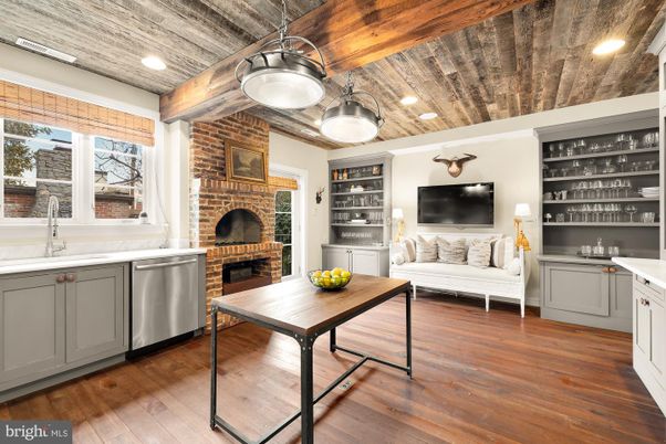 Fireplace, Interior, Kitchen, Living room, Pendant Lights, Recessed Lighting, Stone Walls, Wooden Ceilings, Wood Texture Flooring