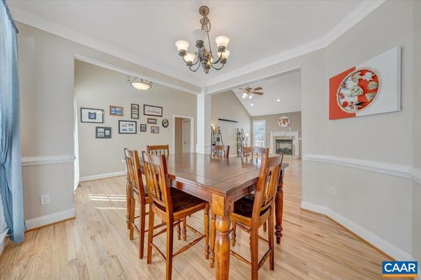Chandelier, Dining room, Fireplace, Interior, Recessed Lighting, Wood Texture Flooring