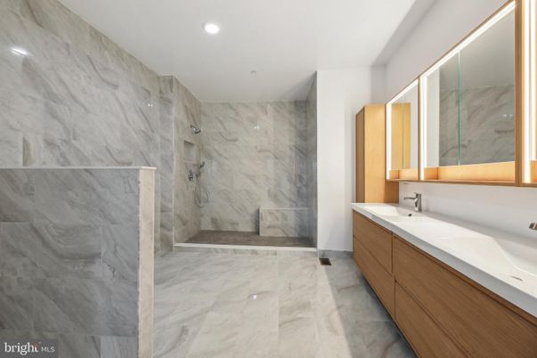Bathroom, Dual Sink Vanities, Interior, Marble, Marble Walls, Recessed Lighting