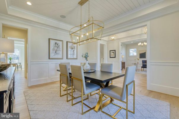 Chandelier, Dining room, Interior, Pendant Lights, Recessed Lighting, Wood Texture Flooring