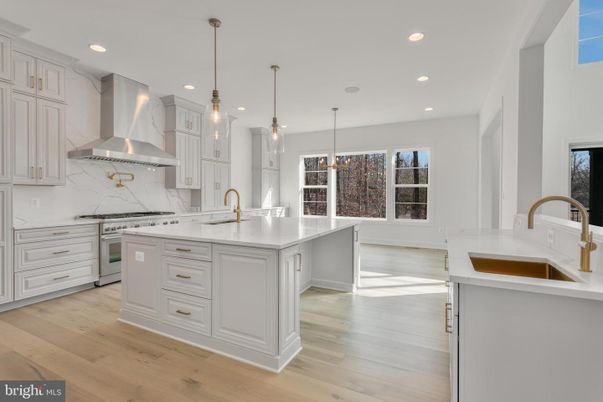 Interior, Kitchen, Marble Walls, Pendant Lights, Recessed Lighting, Stainless Steel Appliances, Wood Texture Flooring