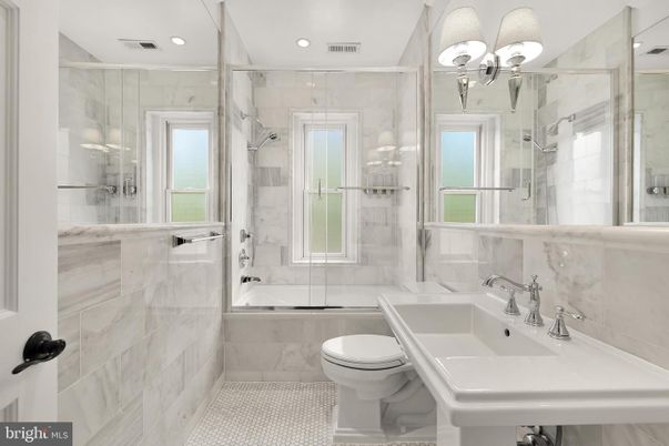 Bathroom, Glass Shower, Interior, Marble Walls, Recessed Lighting