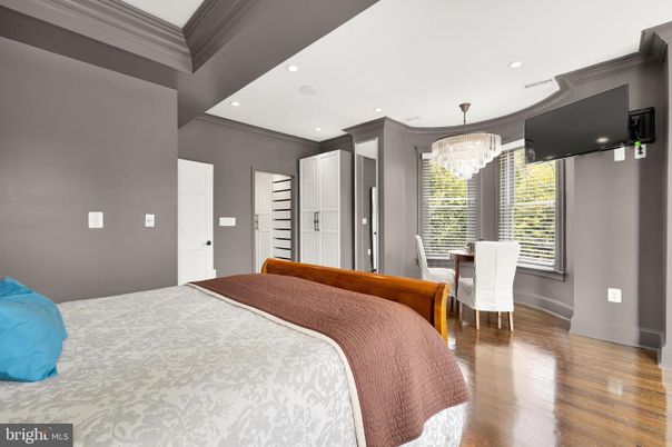 Bedroom, Chandelier, Interior, Recessed Lighting, Wood Texture Flooring