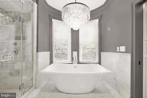Bathroom, Chandelier, Free Standing Baths, Glass Shower, Interior, Marble, Marble Walls