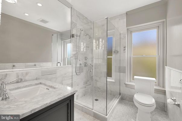 Bathroom, Glass Shower, Interior, Marble Walls, Recessed Lighting
