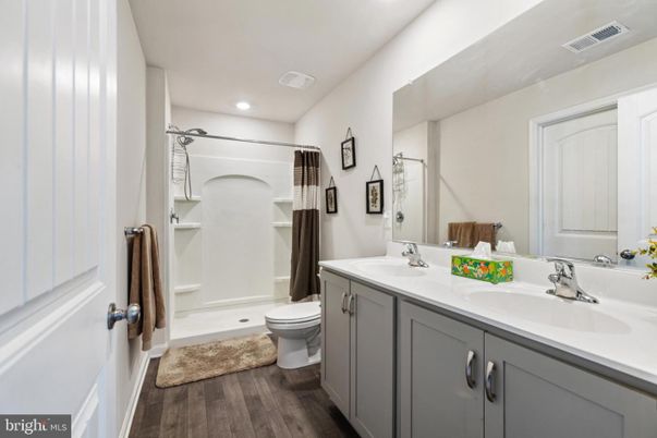 Bathroom, Dual Sink Vanities, Interior, Recessed Lighting, Wood Texture Flooring