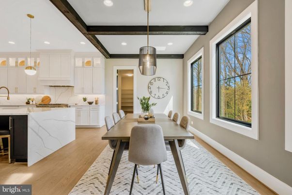 Dining room, Interior, Kitchen, Pendant Lights, Recessed Lighting, Wooden Beams, Wood Texture Flooring