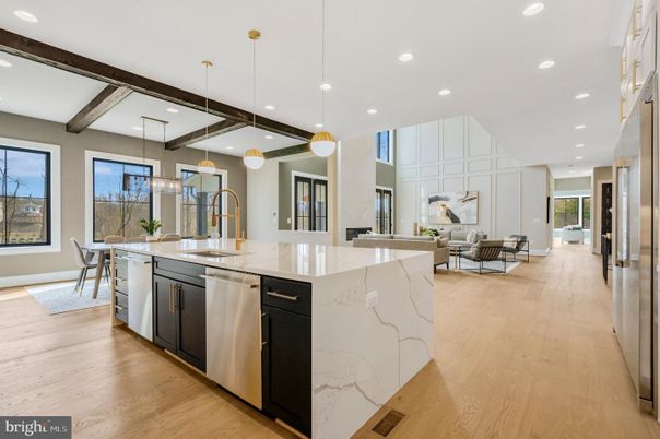 Dining room, Interior, Kitchen, Living room, Pendant Lights, Recessed Lighting, Stainless Steel Appliances, Wooden Beams, Wood Texture Flooring