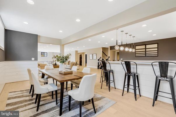 Dining room, Interior, Pendant Lights, Recessed Lighting, Wood Texture Flooring
