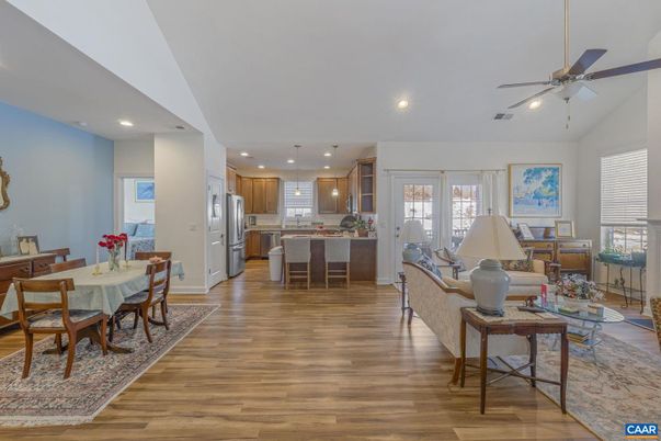 Dining room, Interior, Kitchen, Living room, Pendant Lights, Recessed Lighting, Stainless Steel Appliances, Wood Texture Flooring
