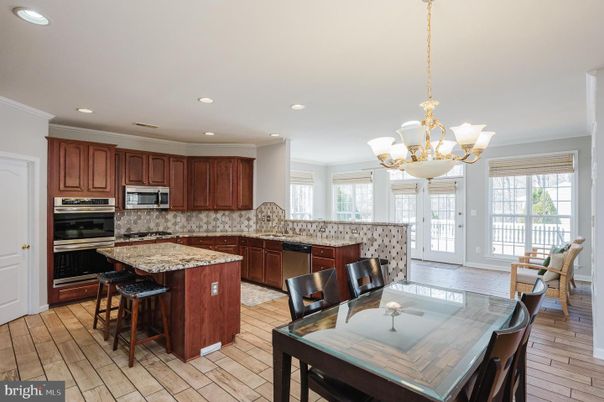 Chandelier, Interior, Kitchen, Recessed Lighting, Stainless Steel Appliances, Wood Texture Flooring