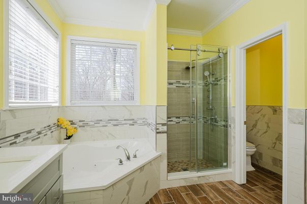 Bathroom, Glass Shower, Interior, Marble Walls, Wood Texture Flooring