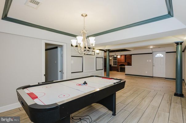 Billiard Table, Chandelier, Game Room, Interior, Recessed Lighting, Wood Texture Flooring